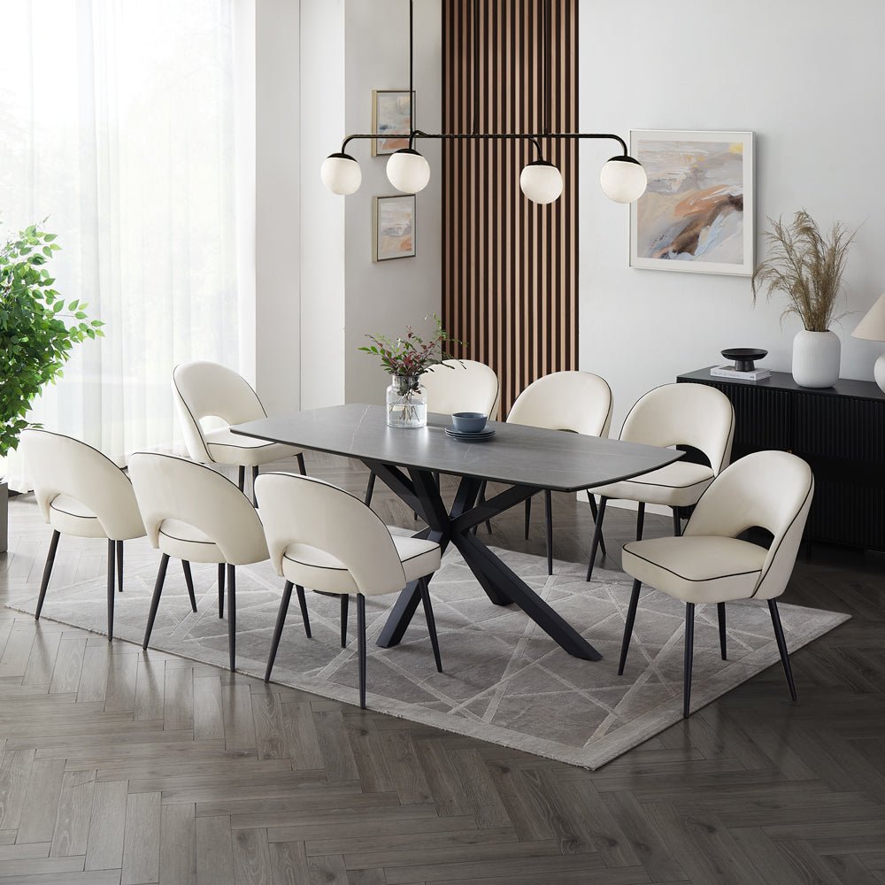 Verona Grey 180cm Ceramic Dining Table & 8 Tiago Chairs, Ivory Velvet Verona Grey 180cm Ceramic Dining Table & 8 Tiago Chairs, Ivory Velvet