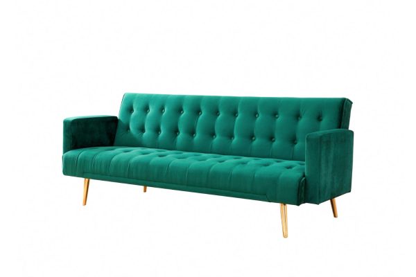 Windsor Velvet Sofa Bed With Gold Legs, Green Velvet Windsor Velvet Sofa Bed With Gold Legs, Green Velvet