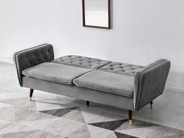 Whitby Velvet Sofa Bed Chesterfield Design With Metal Tipped Wooden Legs, Grey Velvet Whitby Velvet Sofa Bed Chesterfield Design With Metal Tipped Wooden Legs, Grey Velvet