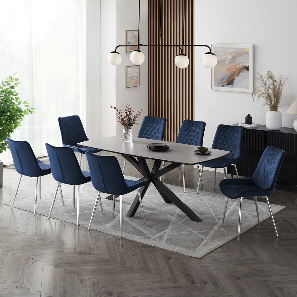 Verona Grey 180cm Ceramic Dining Table & 8 Almeria Chairs, Blue Chair with Silver Legs