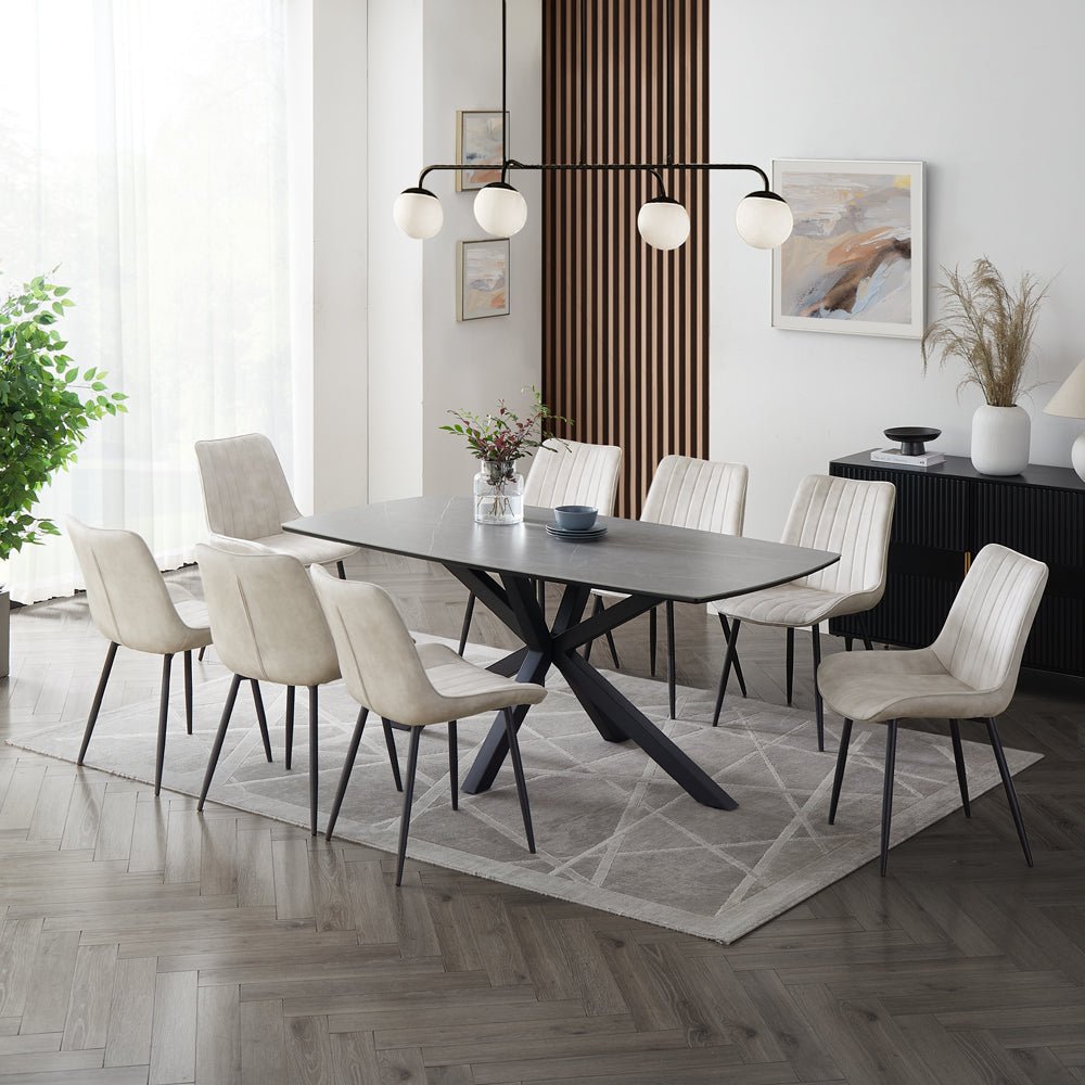 Verona Grey 180cm Ceramic Dining Table & 8 Girona Chairs, Cream Velvet Chair Verona Grey 180cm Ceramic Dining Table & 8 Girona Chairs, Cream Velvet Chair