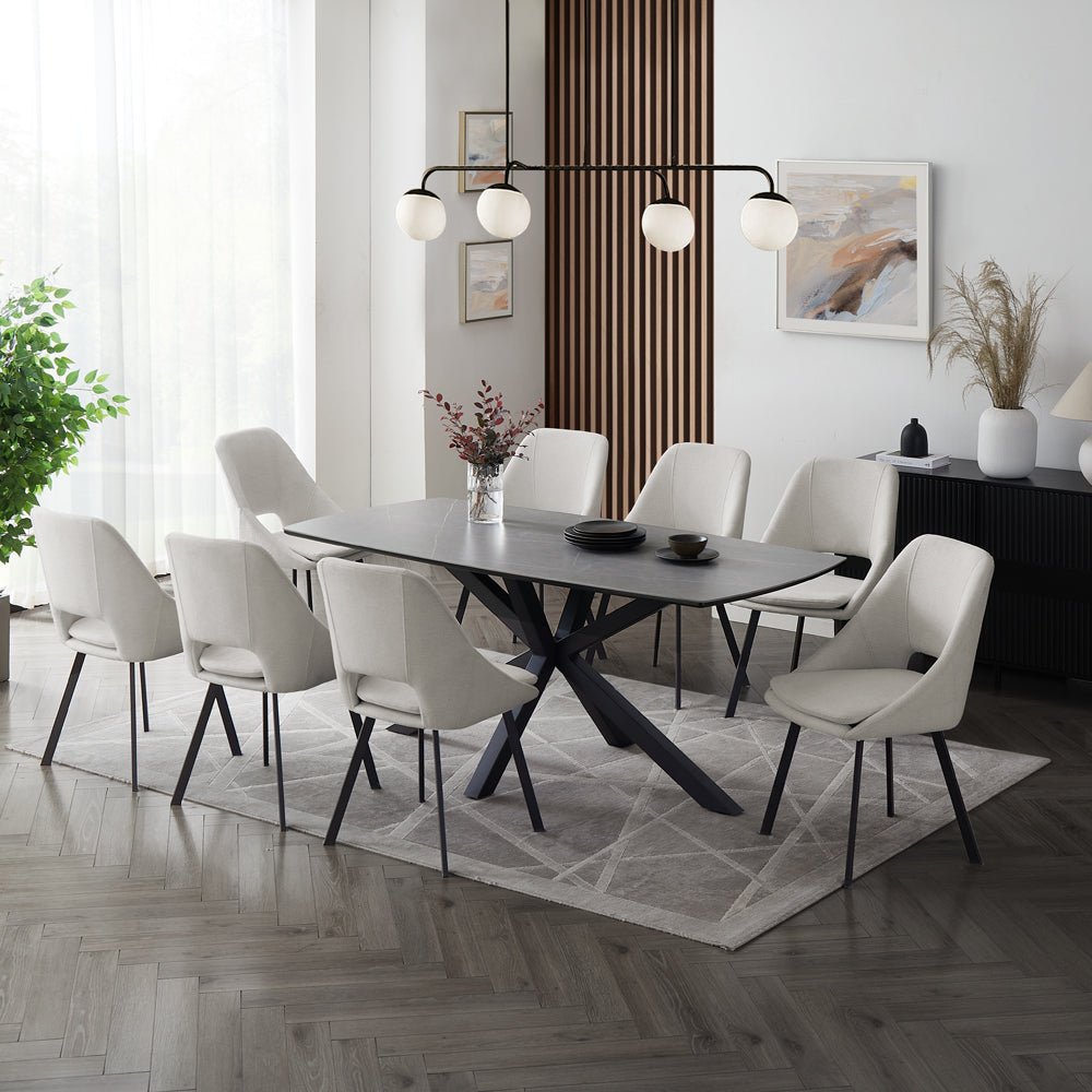 Verona Grey 180cm Ceramic Dining Table & 8 Bilbao Chairs, Ivory Fabric Verona Grey 180cm Ceramic Dining Table & 8 Bilbao Chairs, Ivory Fabric