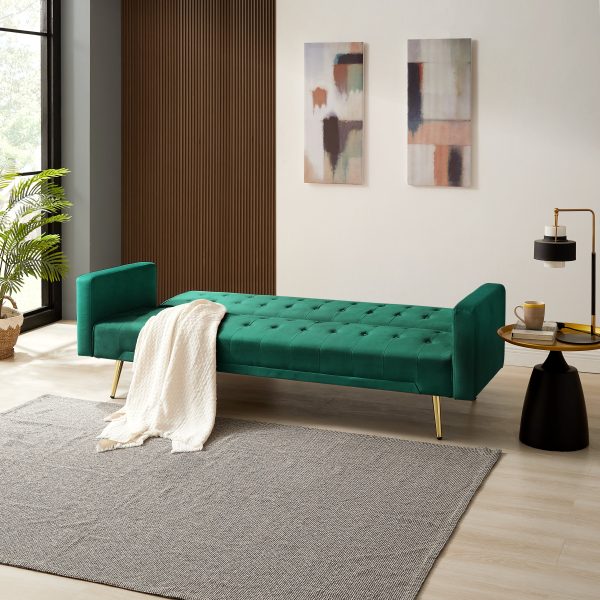 Windsor Velvet Sofa Bed With Gold Legs, Green Velvet Windsor Velvet Sofa Bed With Gold Legs, Green Velvet
