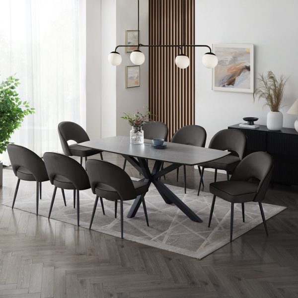 Verona Grey 180cm Ceramic Dining Table & 8 Tiago Chairs, Black Velvet Verona Grey 180cm Ceramic Dining Table & 8 Tiago Chairs, Black Velvet