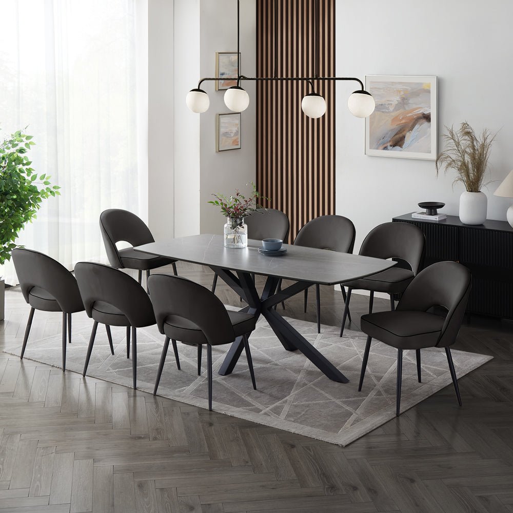 Verona Grey 180cm Ceramic Dining Table & 8 Tiago Chairs, Black Velvet Verona Grey 180cm Ceramic Dining Table & 8 Tiago Chairs, Black Velvet