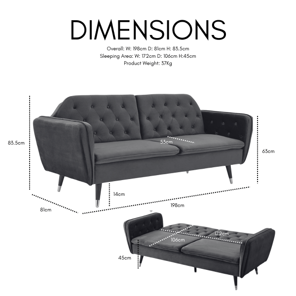 Whitby Velvet Sofa Bed Chesterfield Design With Metal Tipped Wooden Legs, Grey Velvet Whitby Velvet Sofa Bed Chesterfield Design With Metal Tipped Wooden Legs, Grey Velvet