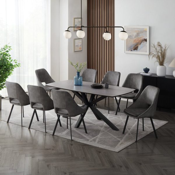 Verona Grey 180cm Ceramic Dining Table & 8 Bilbao Chairs, Grey Velvet Verona Grey 180cm Ceramic Dining Table & 8 Bilbao Chairs, Grey Velvet