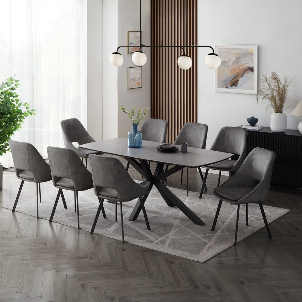 Verona Grey 180cm Ceramic Dining Table & 8 Bilbao Chairs, Grey Velvet Verona Grey 180cm Ceramic Dining Table & 8 Bilbao Chairs, Grey Velvet