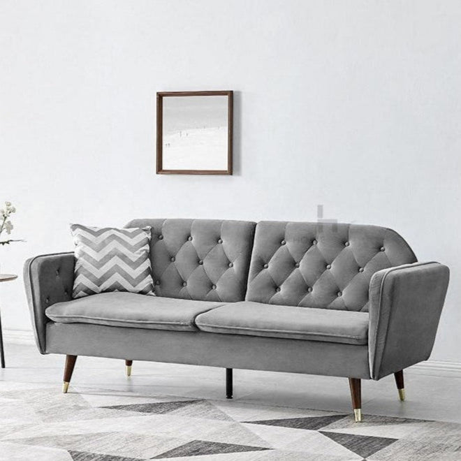 Whitby Velvet Sofa Bed Chesterfield Design With Metal Tipped Wooden Legs, Grey Velvet Whitby Velvet Sofa Bed Chesterfield Design With Metal Tipped Wooden Legs, Grey Velvet