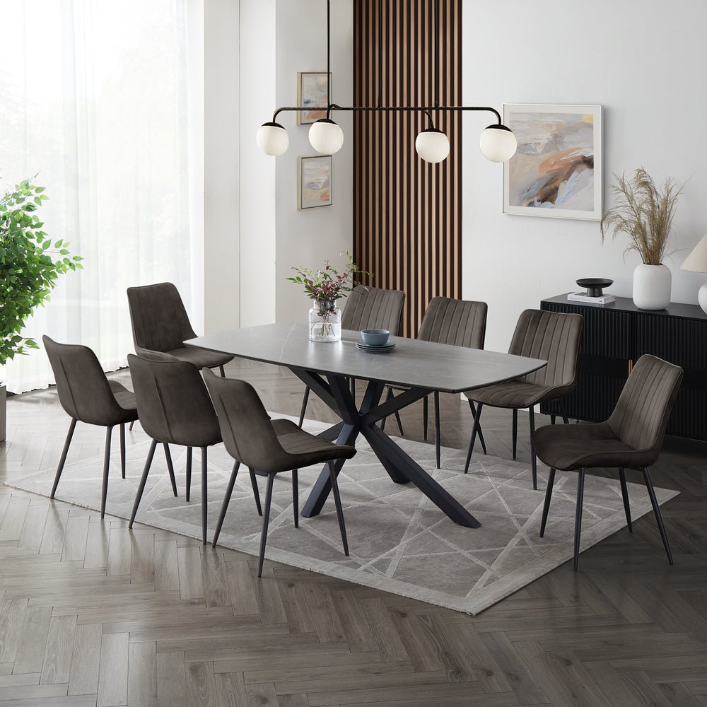Verona Grey 180cm Ceramic Dining Table & 8 Girona Chairs, Grey Velvet Chair Verona Grey 180cm Ceramic Dining Table & 8 Girona Chairs, Grey Velvet Chair