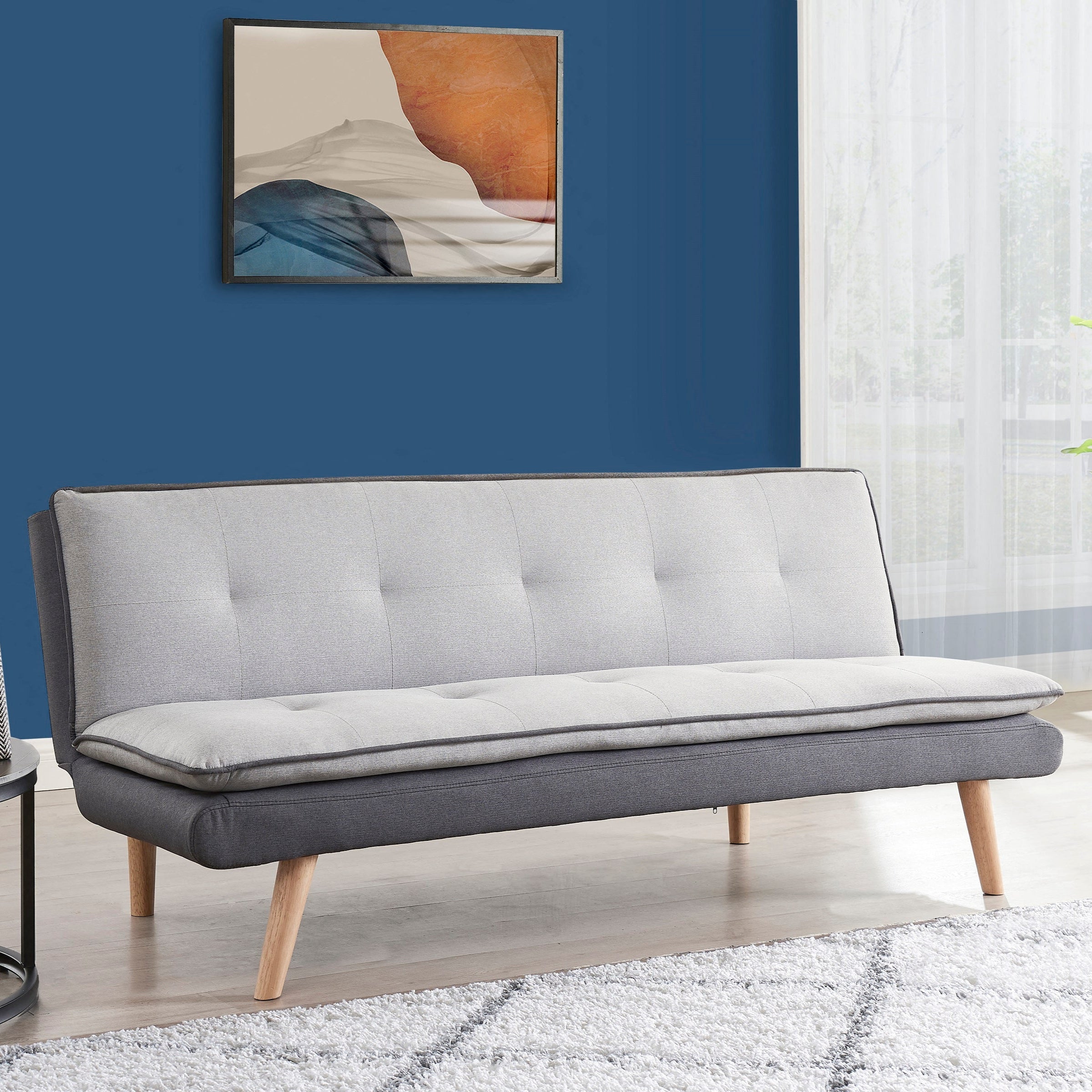 Willow Fabric Sofa Bed Contrast Fabric Pillow Topper Wooden Legs, Grey Fabric Willow Fabric Sofa Bed Contrast Fabric Pillow Topper Wooden Legs, Grey Fabric