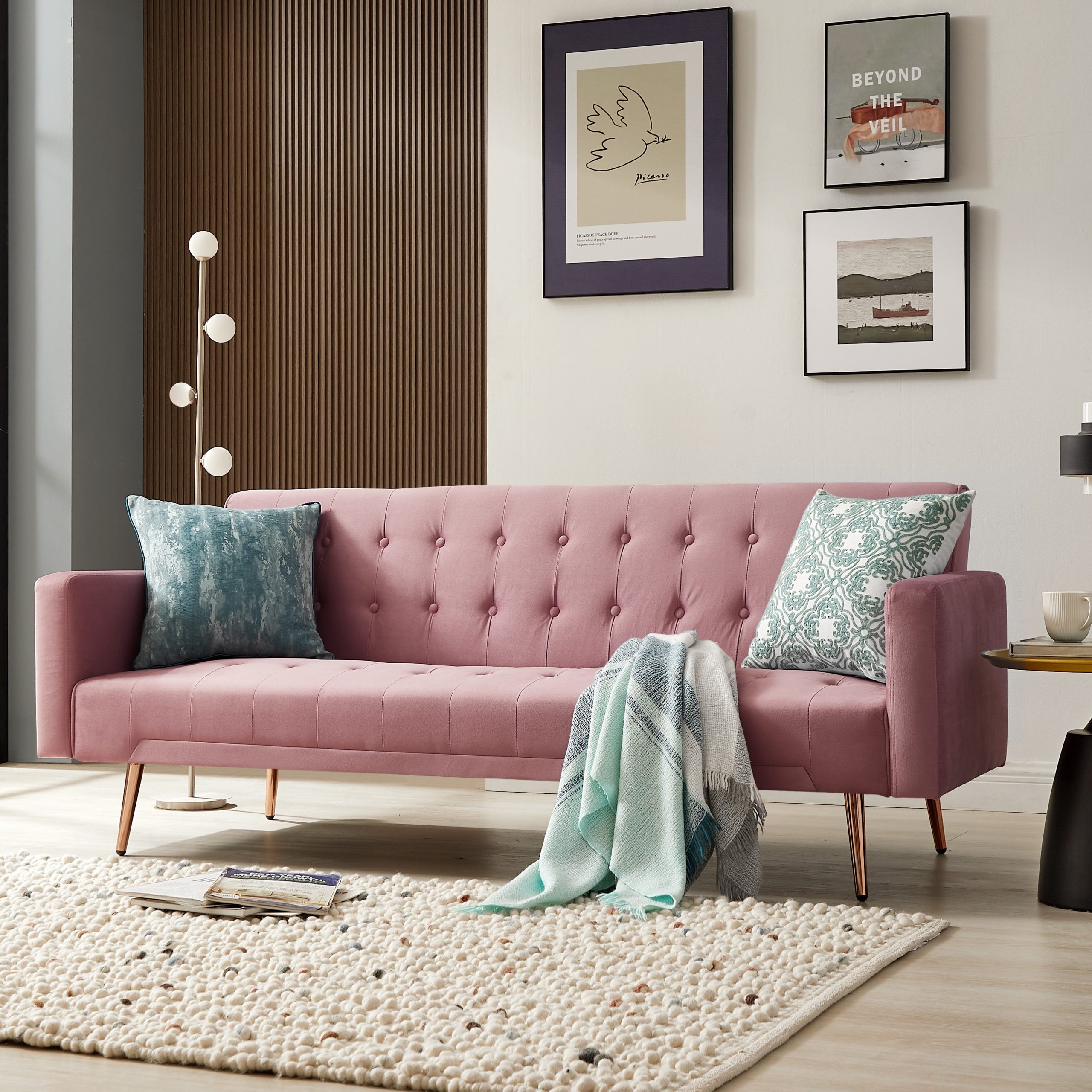Windsor Velvet Sofa Bed With Rose Gold Legs, Pink Velvet Windsor Velvet Sofa Bed With Rose Gold Legs, Pink Velvet