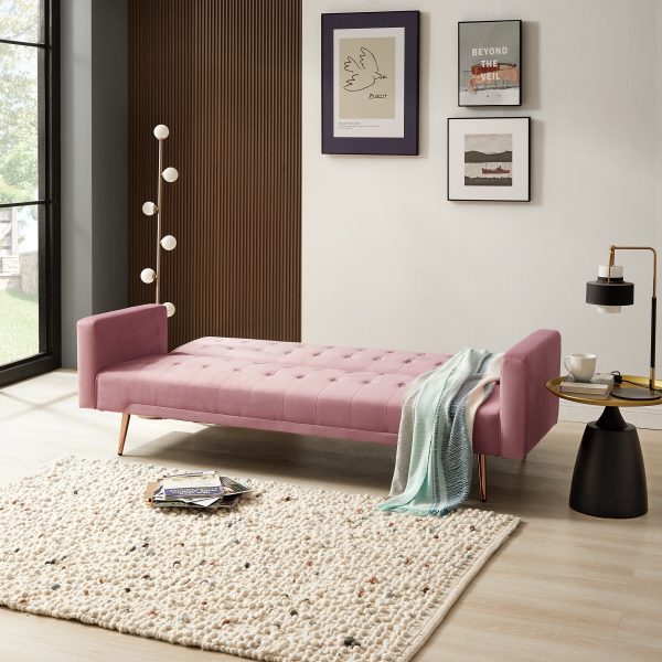 Windsor Velvet Sofa Bed With Rose Gold Legs, Pink Velvet Windsor Velvet Sofa Bed With Rose Gold Legs, Pink Velvet
