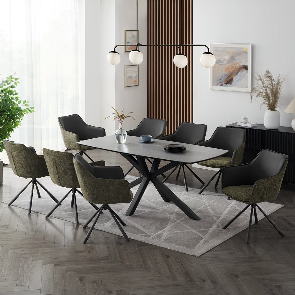 Verona Grey 180cm Ceramic Dining Table & 8 Porto Swivel Chairs, Grey/Green Verona Grey 180cm Ceramic Dining Table & 8 Porto Swivel Chairs, Grey/Green