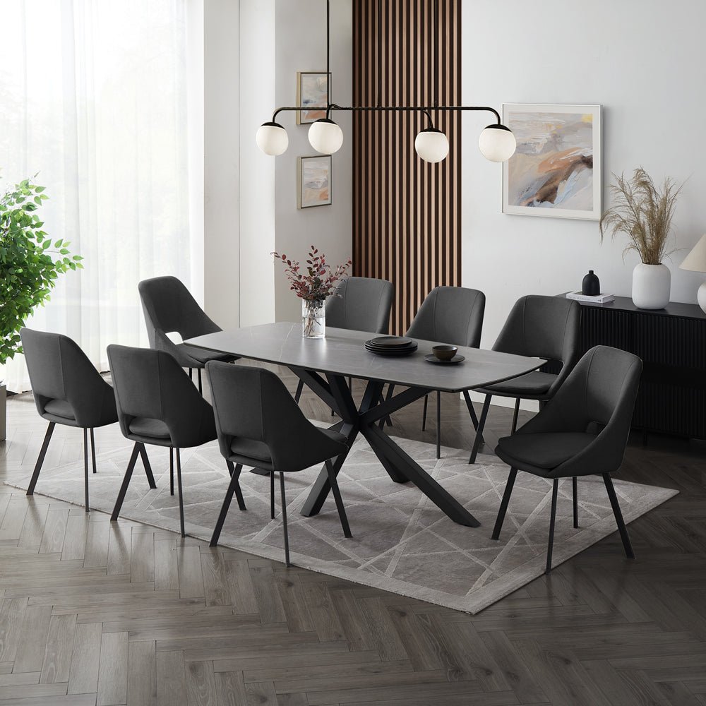 Verona Grey 180cm Ceramic Dining Table & 8 Bilbao Chairs, Dark Grey Fabric Verona Grey 180cm Ceramic Dining Table & 8 Bilbao Chairs, Dark Grey Fabric