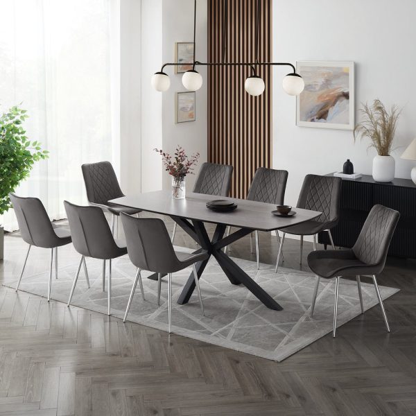 Verona Grey 180cm Ceramic Dining Table & 8 Almeria Chairs, Grey Chair with Silver Legs Verona Grey 180cm Ceramic Dining Table & 8 Almeria Chairs, Grey Chair with Silver Legs