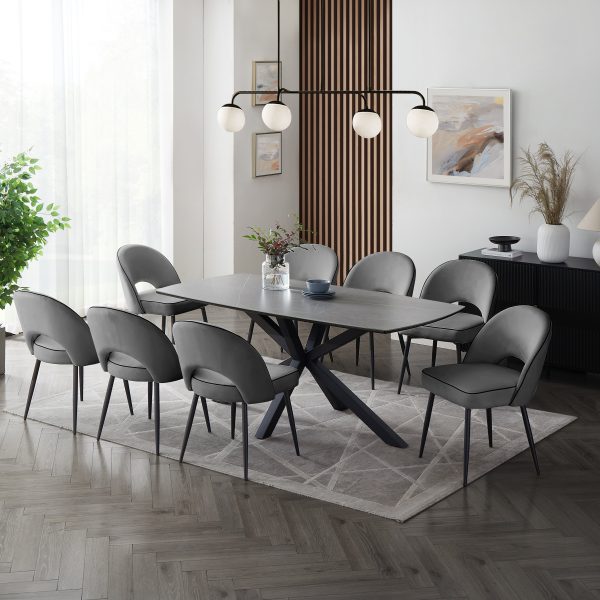 Verona Grey 180cm Ceramic Dining Table & 8 Tiago Chairs, Grey Velvet Verona Grey 180cm Ceramic Dining Table & 8 Tiago Chairs, Grey Velvet