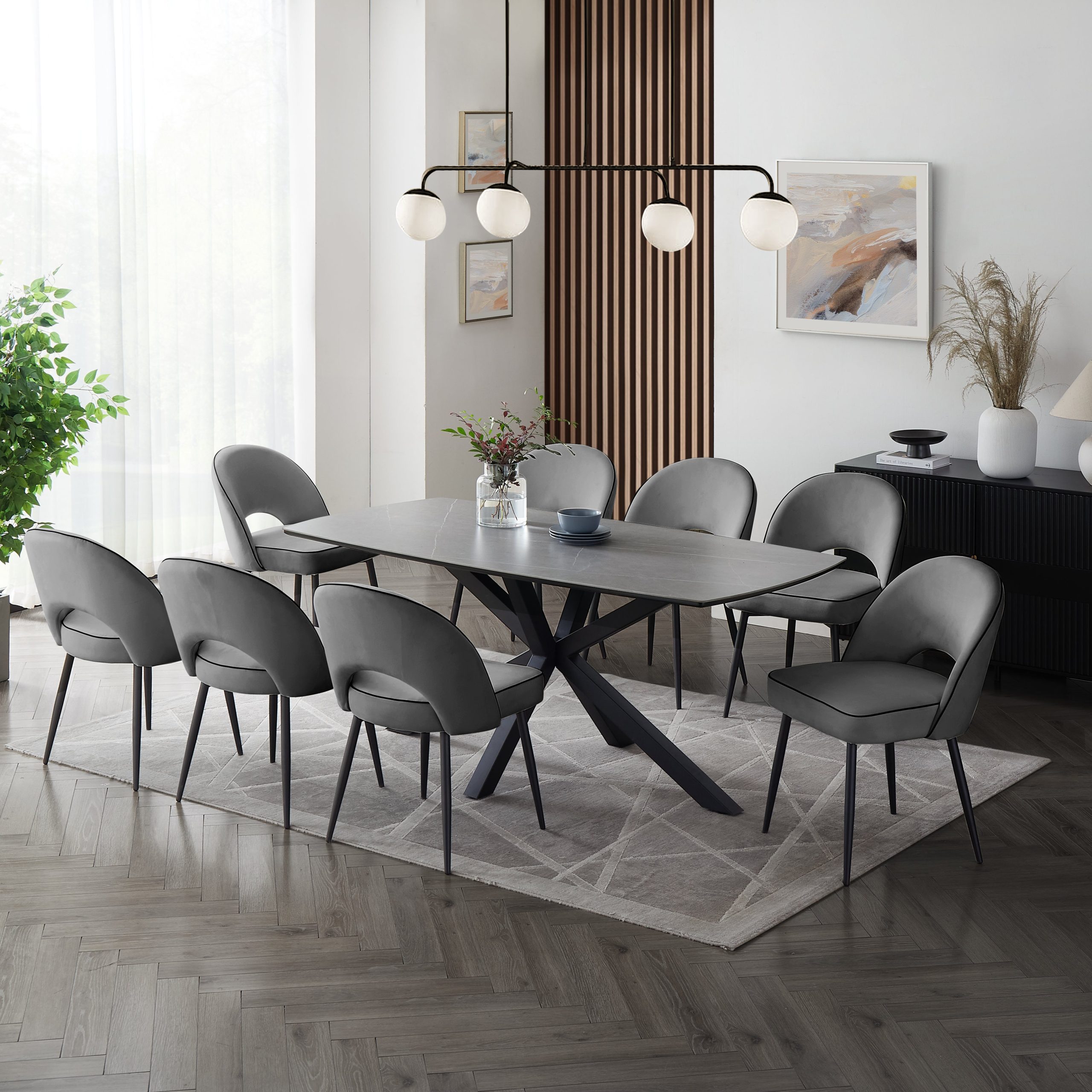 Verona Grey 180cm Ceramic Dining Table & 8 Tiago Chairs, Grey Velvet Verona Grey 180cm Ceramic Dining Table & 8 Tiago Chairs, Grey Velvet
