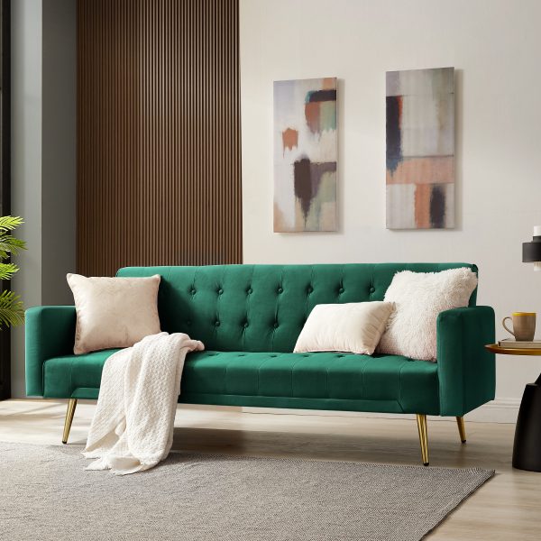 Windsor Velvet Sofa Bed With Gold Legs, Green Velvet Windsor Velvet Sofa Bed With Gold Legs, Green Velvet