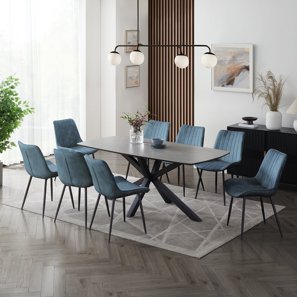 Verona Grey 180cm Ceramic Dining Table & 8 Girona Chairs, Blue Velvet Chair Verona Grey 180cm Ceramic Dining Table & 8 Girona Chairs, Blue Velvet Chair