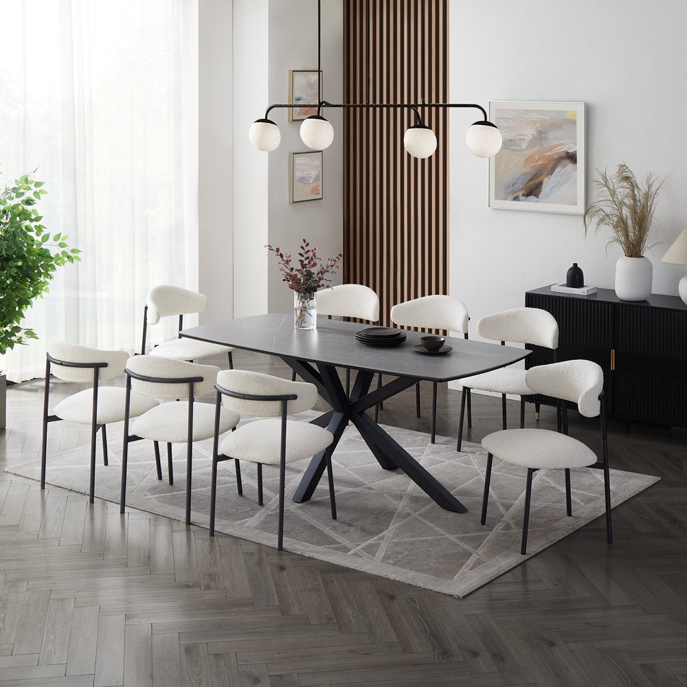 Verona Grey 180cm Ceramic Dining Table & 8 Elda Chairs, White Boucle Verona Grey 180cm Ceramic Dining Table & 8 Elda Chairs, White Boucle