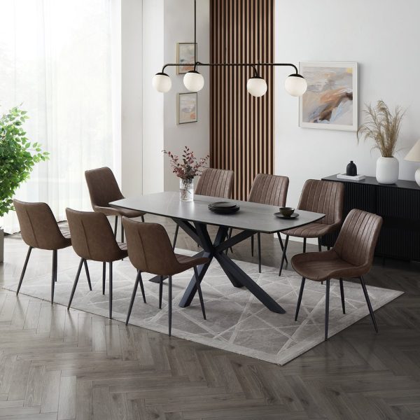 Verona Grey 180cm Ceramic Dining Table & 8 Girona Chairs, Brown Faux Leather Chair Verona Grey 180cm Ceramic Dining Table & 8 Girona Chairs, Brown Faux Leather Chair