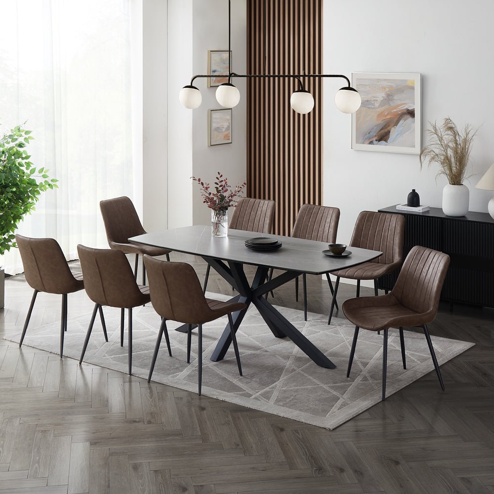 Verona Grey 180cm Ceramic Dining Table & 8 Girona Chairs, Brown Faux Leather Chair Verona Grey 180cm Ceramic Dining Table & 8 Girona Chairs, Brown Faux Leather Chair